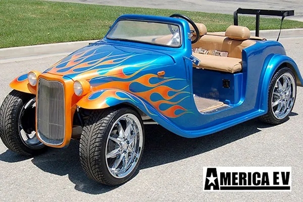 Blue California Roadster with Orange Flames affordable golf cart rental, golf cart rent lehigh acres