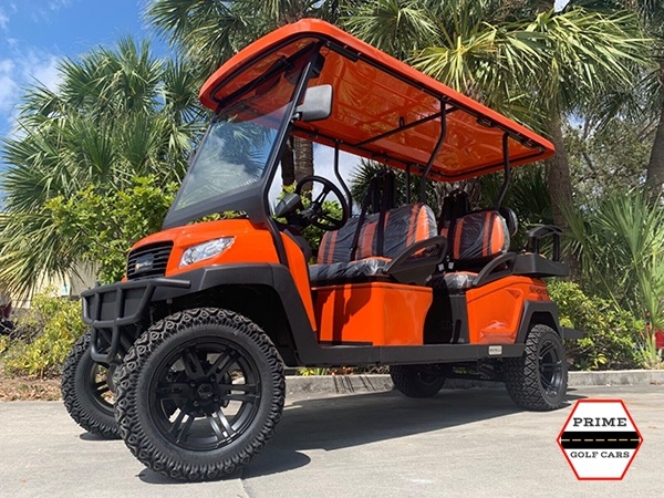 Orange Bintelli Beyond 6 Passenger Lifted Golf Cart affordable golf cart rental, golf cart rent lehigh acres
