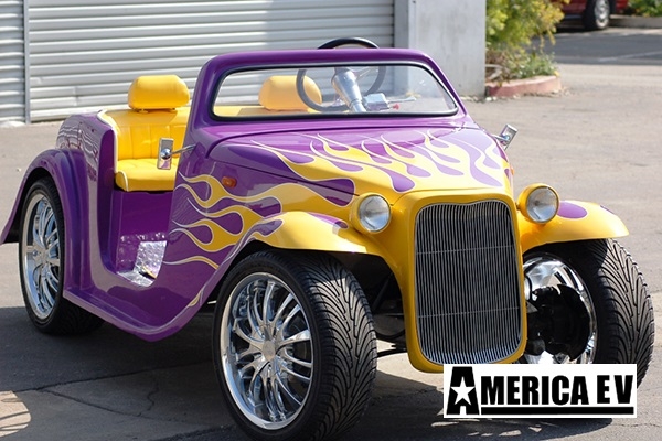 Purple California Roadster with Yellow Flames golf cart rental lehigh acres, lehigh acres golf cart rental