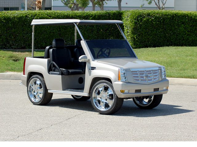 Silver Escalade Golf Cart With Roof and Custom Wheels affordable golf cart rental, golf cart rent lehigh acres