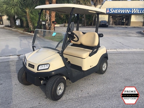 Tan Club Car 2 Passenger Golf Cart affordable golf cart rental, golf cart rent lehigh acres